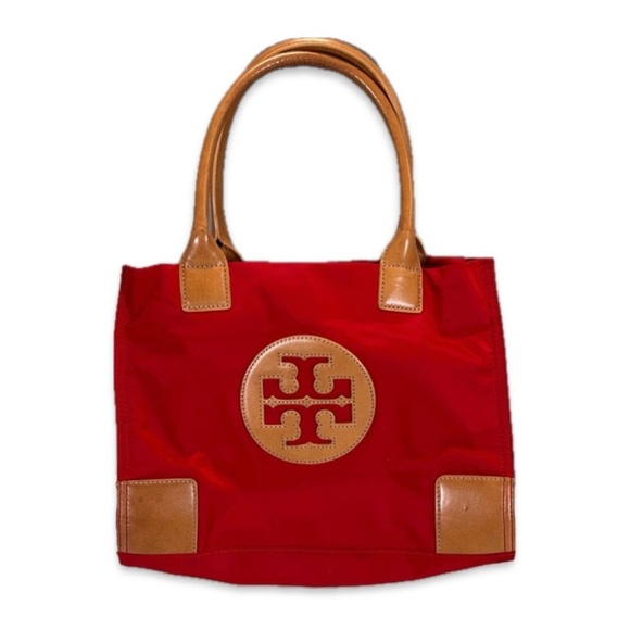 TORY BURCH Ella Red Nylon & Tan Leather Tote Bag - Picture 1 of 14